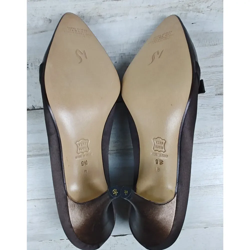 Di Sandro Pumps Brown Satin/Metallic Bronze Leather W/Rhinestone Buckle US9/EU40
